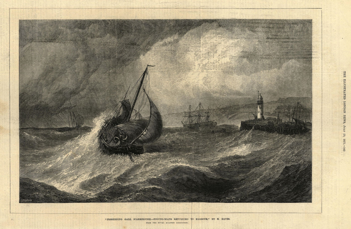 Freshening gale, Scarborough. Fishing boats returning to harbour. Yorkshire 1871